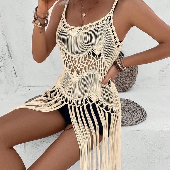 Apricot Boho Womens Hollow Out Fringe Hem Crochet Cover Up - Picture 3 of 5